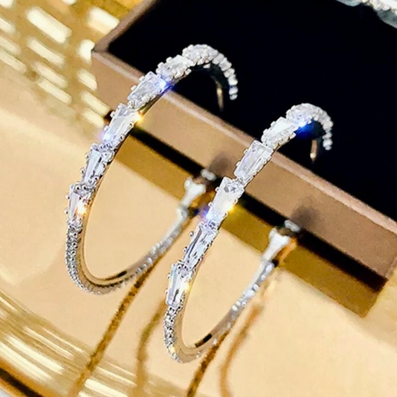 🔥925 Sterling Silver White Sapphire Hoop Earrings - Picture 13 of 15